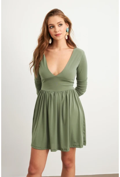 Kadın Haki V Yaka Mini Elbise LİK17