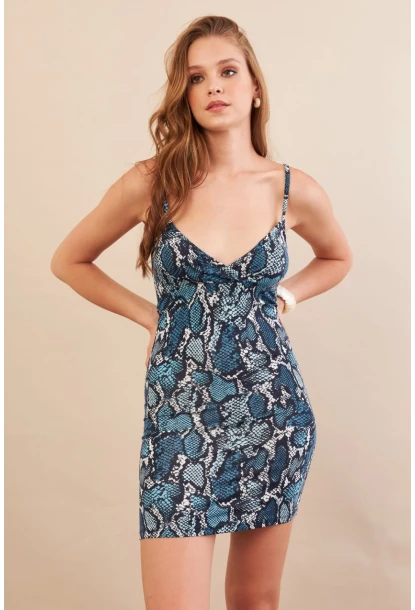 Kadın İndigo Askılı Yılan Desenli Mini Elbise LPP1129-90