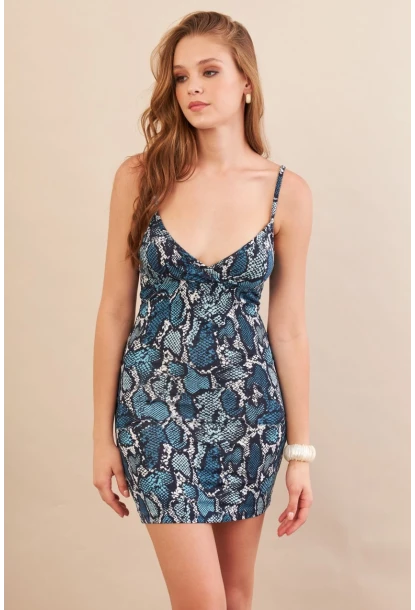 Kadın İndigo Askılı Yılan Desenli Mini Elbise LPP1129-90