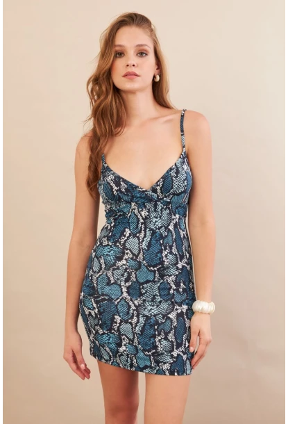 Kadın İndigo Askılı Yılan Desenli Mini Elbise LPP1129-90