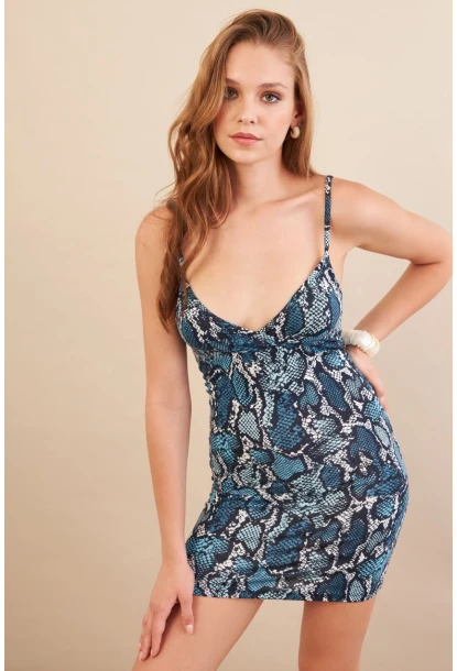 Kadın İndigo Askılı Yılan Desenli Mini Elbise LPP1129-90
