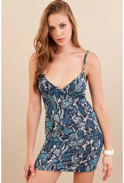 Kadın İndigo Askılı Yılan Desenli Mini Elbise LPP1129-90