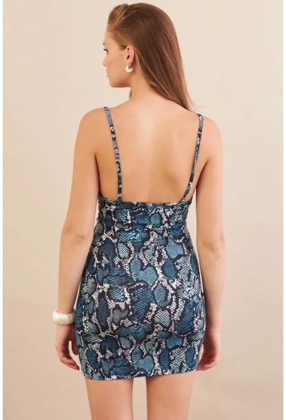 Kadın İndigo Askılı Yılan Desenli Mini Elbise LPP1129-90