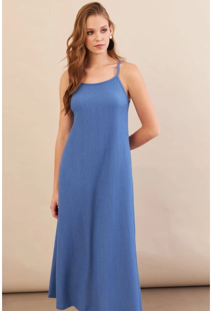 Kadın İndigo Ayarlanabilir Askılı Bürümcük Midi Elbise MX9455