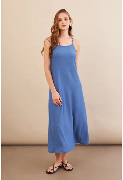 Kadın İndigo Ayarlanabilir Askılı Bürümcük Midi Elbise MX9455