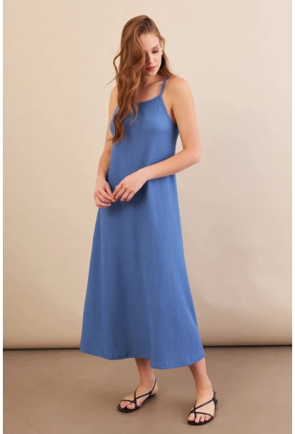 Kadın İndigo Ayarlanabilir Askılı Bürümcük Midi Elbise MX9455