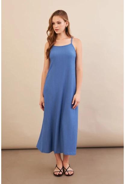 Kadın İndigo Ayarlanabilir Askılı Bürümcük Midi Elbise MX9455