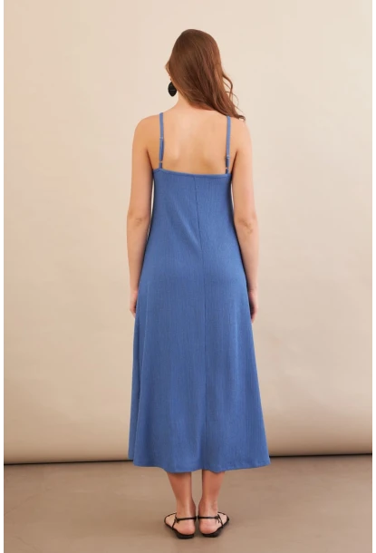 Kadın İndigo Ayarlanabilir Askılı Bürümcük Midi Elbise MX9455
