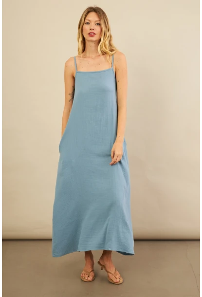 Kadın İndigo Cepli İp Askılı Midi Müslin Elbise BTY100