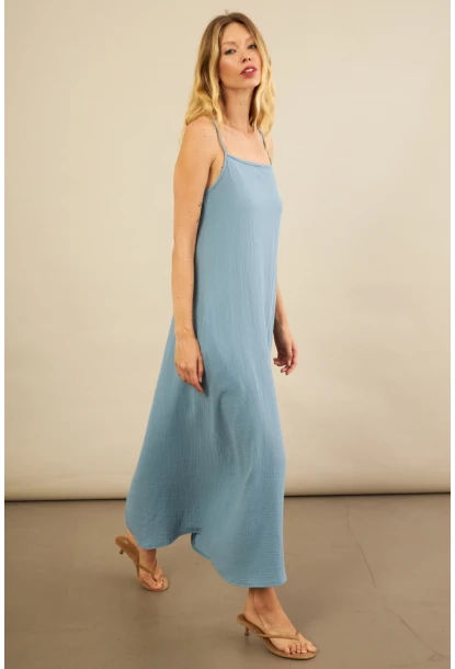 Kadın İndigo Cepli İp Askılı Midi Müslin Elbise BTY100