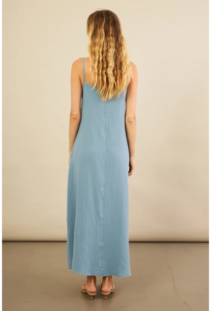 Kadın İndigo Cepli İp Askılı Midi Müslin Elbise BTY100