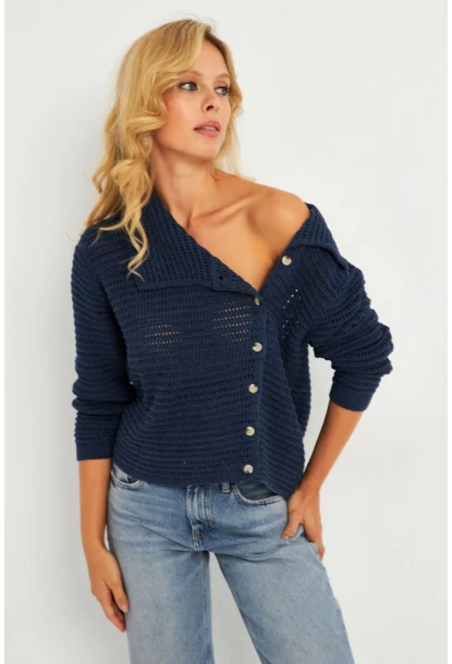 Kadın İndigo Geniş Yakalı Triko Hırka MİW4571