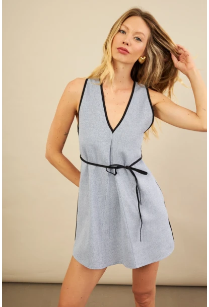 Kadın İndigo Mini Keten Elbise MSİ103