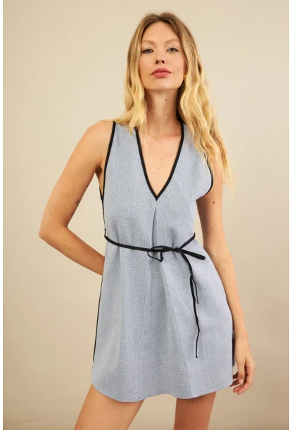 Kadın İndigo Mini Keten Elbise MSİ103