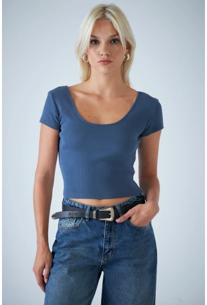 Kadın İndigo Ön Arka U Bluz EV57