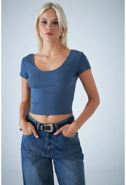 Kadın İndigo Ön Arka U Bluz EV57