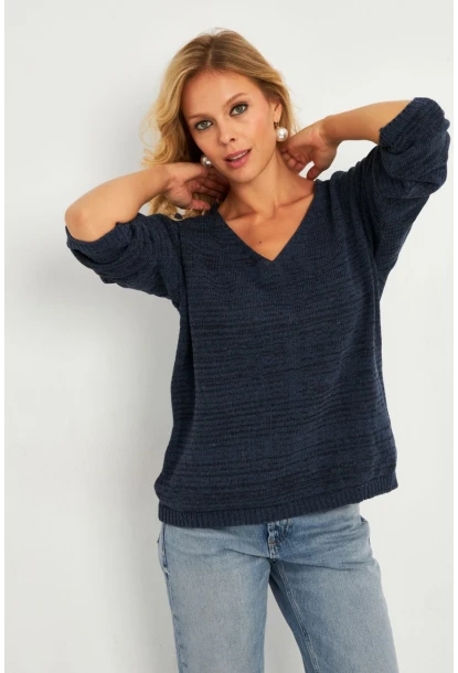 Kadın İndigo V Yaka Triko Bluz YV282