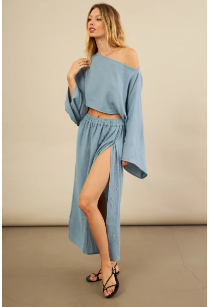 Kadın İndigo Yarasa Kol Crop Müslin Etek Takım BTY104