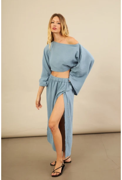 Kadın İndigo Yarasa Kol Crop Müslin Etek Takım BTY104