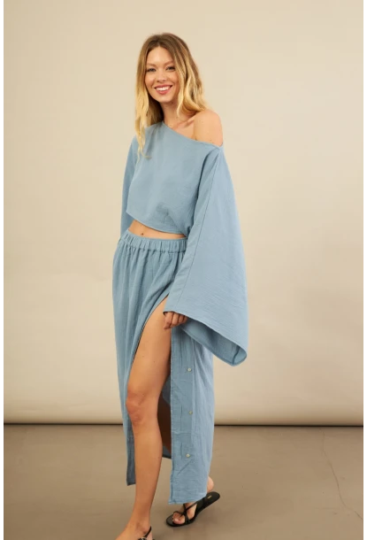 Kadın İndigo Yarasa Kol Crop Müslin Etek Takım BTY104