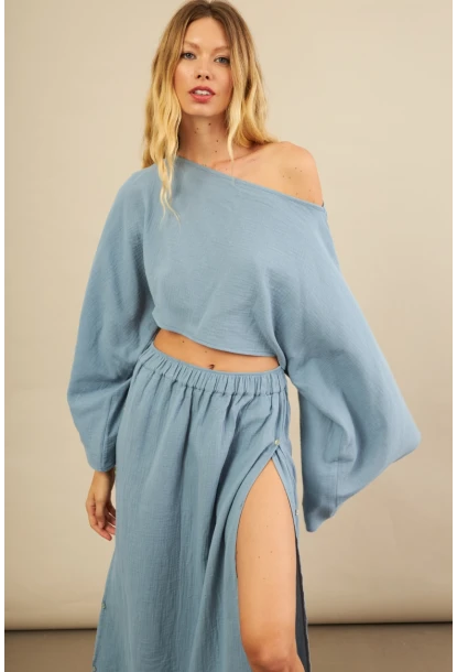 Kadın İndigo Yarasa Kol Crop Müslin Etek Takım BTY104
