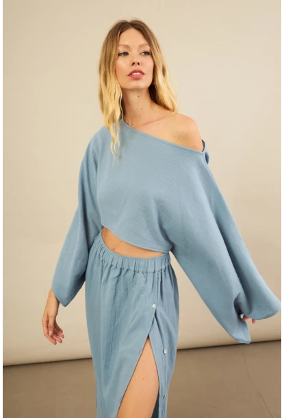 Kadın İndigo Yarasa Kol Crop Müslin Etek Takım BTY104