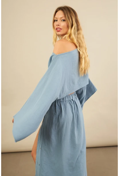 Kadın İndigo Yarasa Kol Crop Müslin Etek Takım BTY104