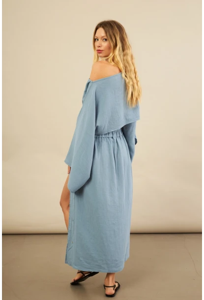 Kadın İndigo Yarasa Kol Crop Müslin Etek Takım BTY104