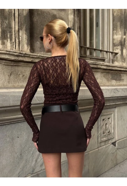 Kadın Kahve Kemerli Şort Etek