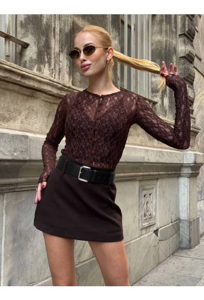 Kadın Kahve Kemerli Şort Etek