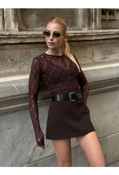 Kadın Kahve Kemerli Şort Etek