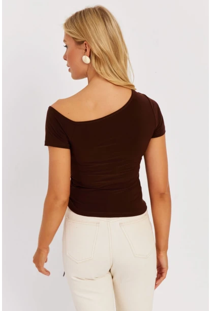 Kadın Kahverengi Asimetrik Yaka Asansörlü Bluz GÇ162