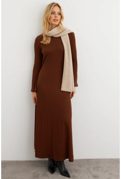 Kadın Kahverengi Basic Maxi Elbise COL30