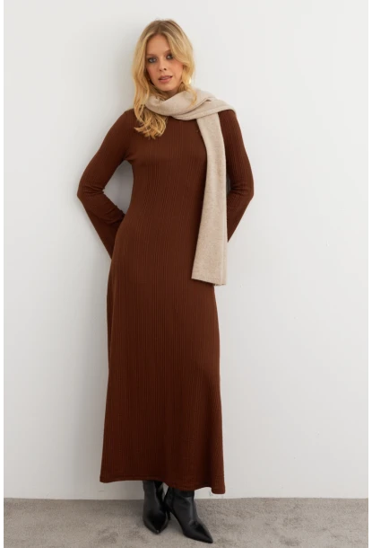 Kadın Kahverengi Basic Maxi Elbise COL30