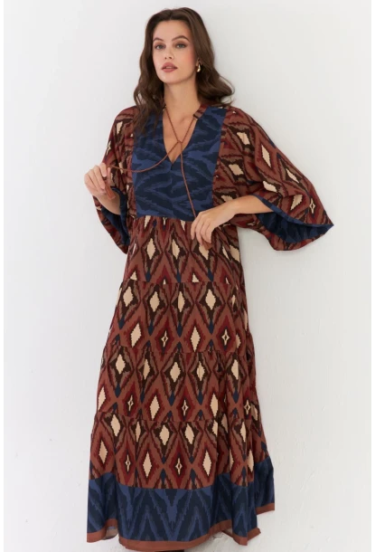 Kadın Kahverengi Desenli Dokuma Maxi Elbise ALO235
