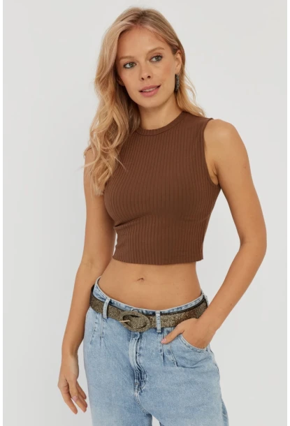 Kadın Kahverengi Fitilli Crop Bluz LPP1262