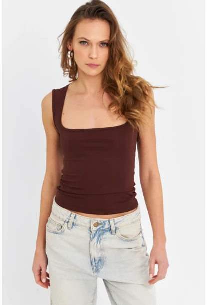 Kadın Kahverengi Kare Yaka Bluz TF64