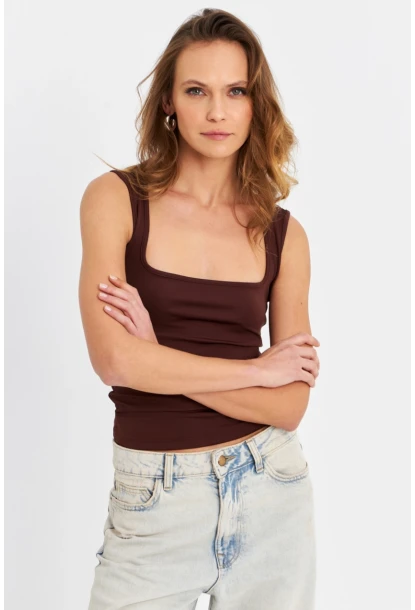 Kadın Kahverengi Kare Yaka Bluz TF64