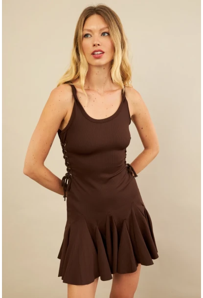 Kadın Kahverengi Kuş Gözlü Fırfırlı Midi Elbise YEL221710