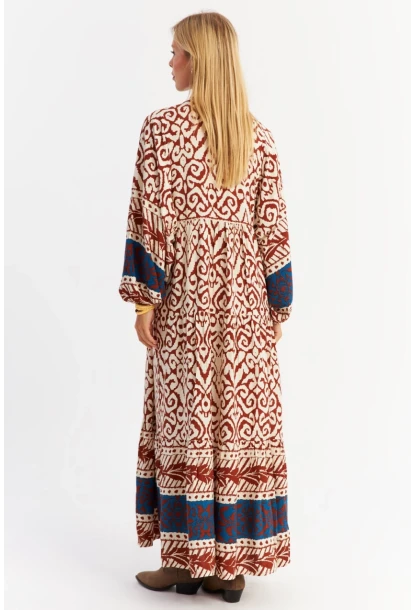 Kadın Kahverengi-Lacivert Volanlı Maxi Elbise ALO11