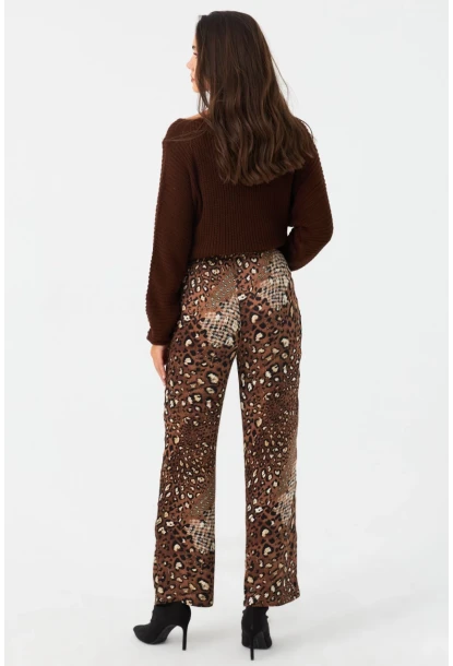 Kadın Kahverengi Leopar Desenli Saten Pantolon CAR1069