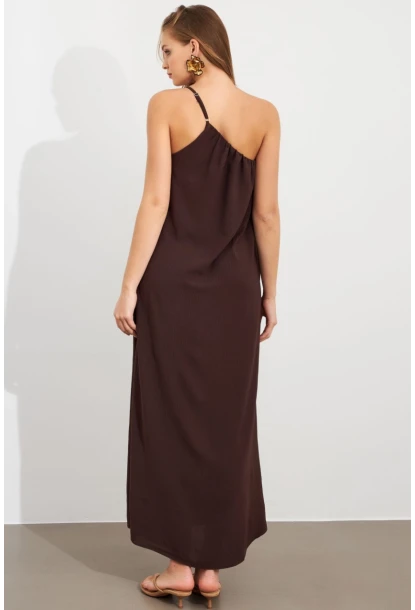 Kadın Kahverengi Tek Omuz Maxi Elbise İRE1012