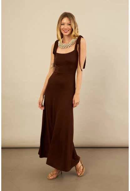 Kadın Kahverengi Omuz Fiyonklu Midi Elbise EY3119