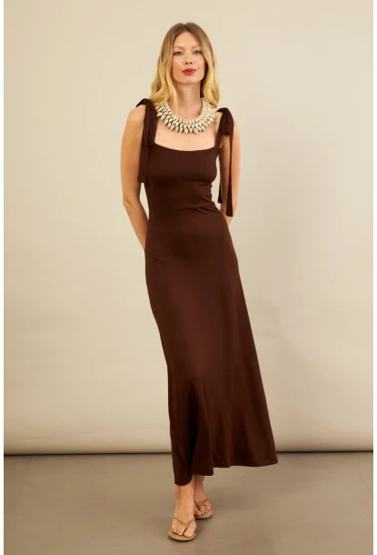 Kadın Kahverengi Omuz Fiyonklu Midi Elbise EY3119