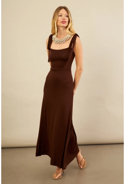 Kadın Kahverengi Omuz Fiyonklu Midi Elbise EY3119