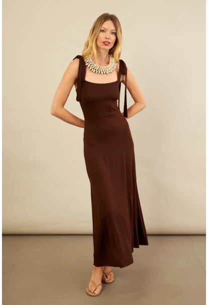 Kadın Kahverengi Omuz Fiyonklu Midi Elbise EY3119