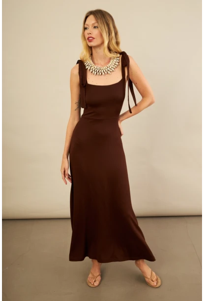 Kadın Kahverengi Omuz Fiyonklu Midi Elbise EY3119