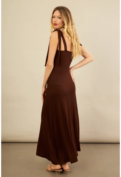 Kadın Kahverengi Omuz Fiyonklu Midi Elbise EY3119