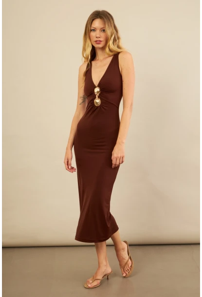 Kadın Kahverengi Toka Aksesuarlı Pencereli Midi Elbise KED7411