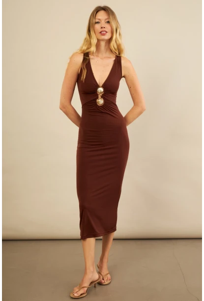 Kadın Kahverengi Toka Aksesuarlı Pencereli Midi Elbise KED7411